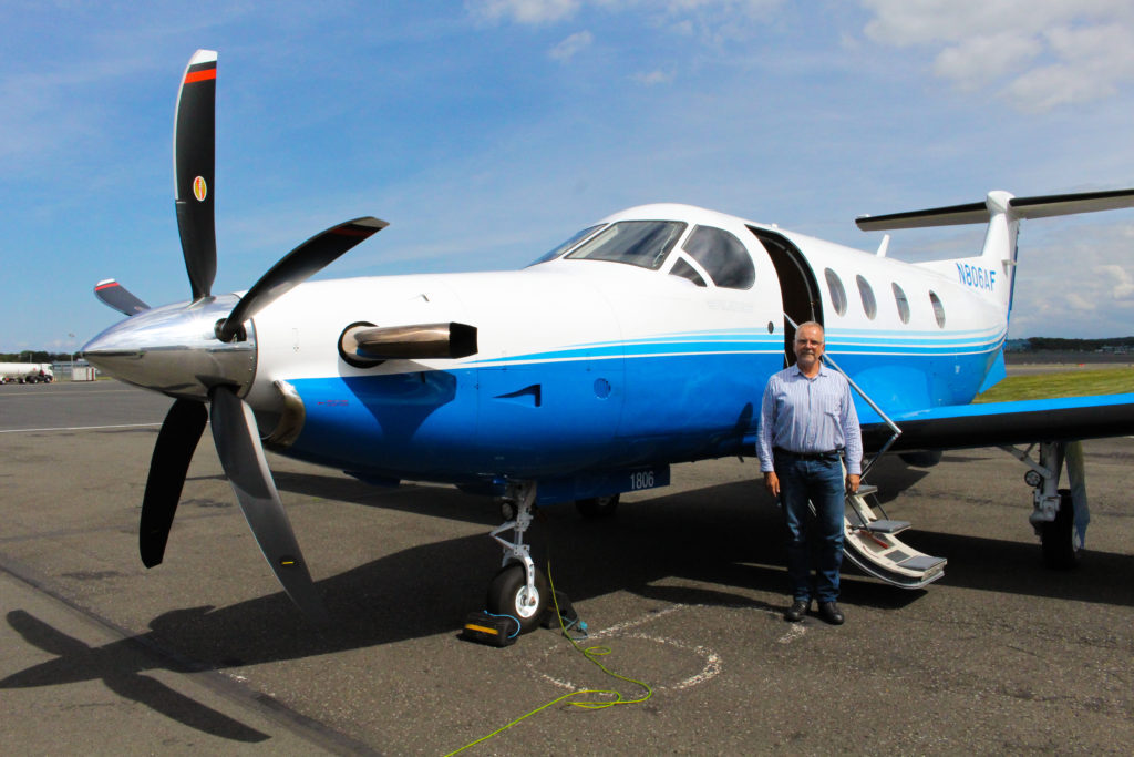 Ferry pilot, Hans Lasser with PlaneSense PC-12 in Prestwick, Scotland.